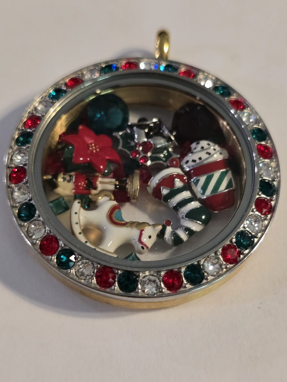 Origami Owl Christmas Floating Charm Locket Red Green Rhinestone